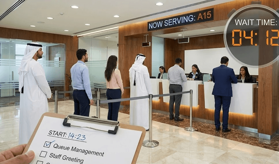 People waiting in line at a service counter in a modern office environment. A clipboard is visible in the foreground.