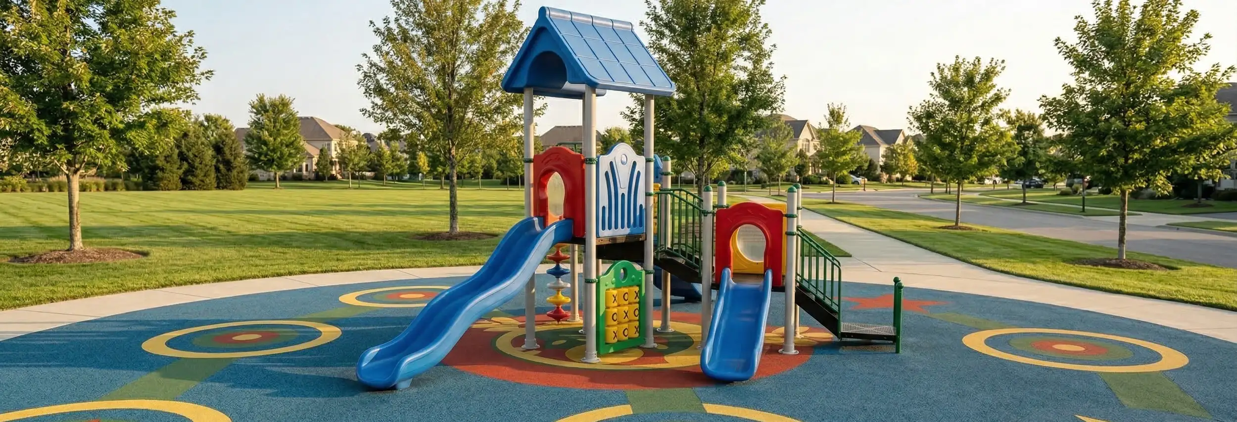 parque infantil con juegos para niños en colores brillantes y suelo de caucho colorido