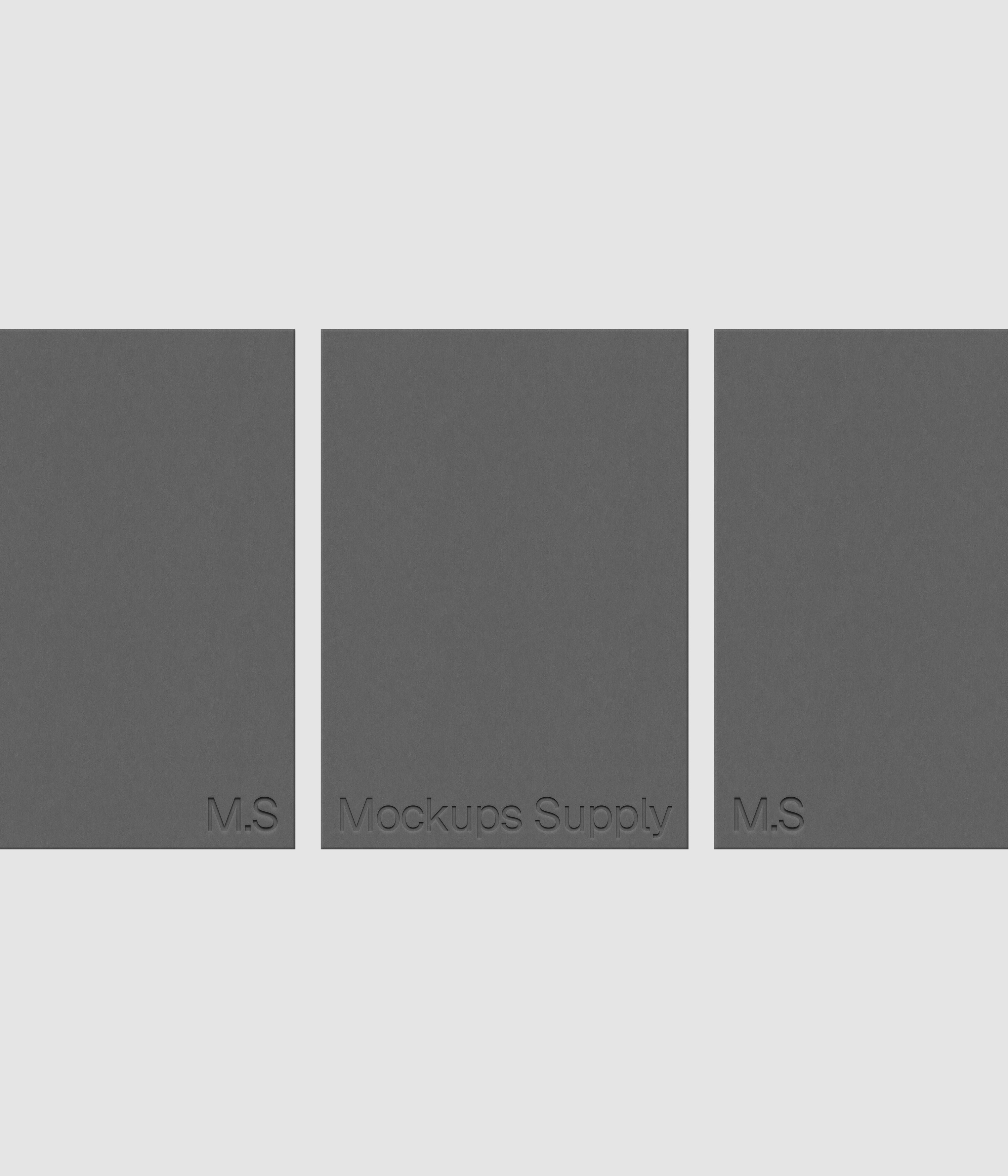 Three A5 paper mockup PSD portrait in a row with debossed logo effect, gray papers on white background, modern minimal stationery mockup for print design and brand identity