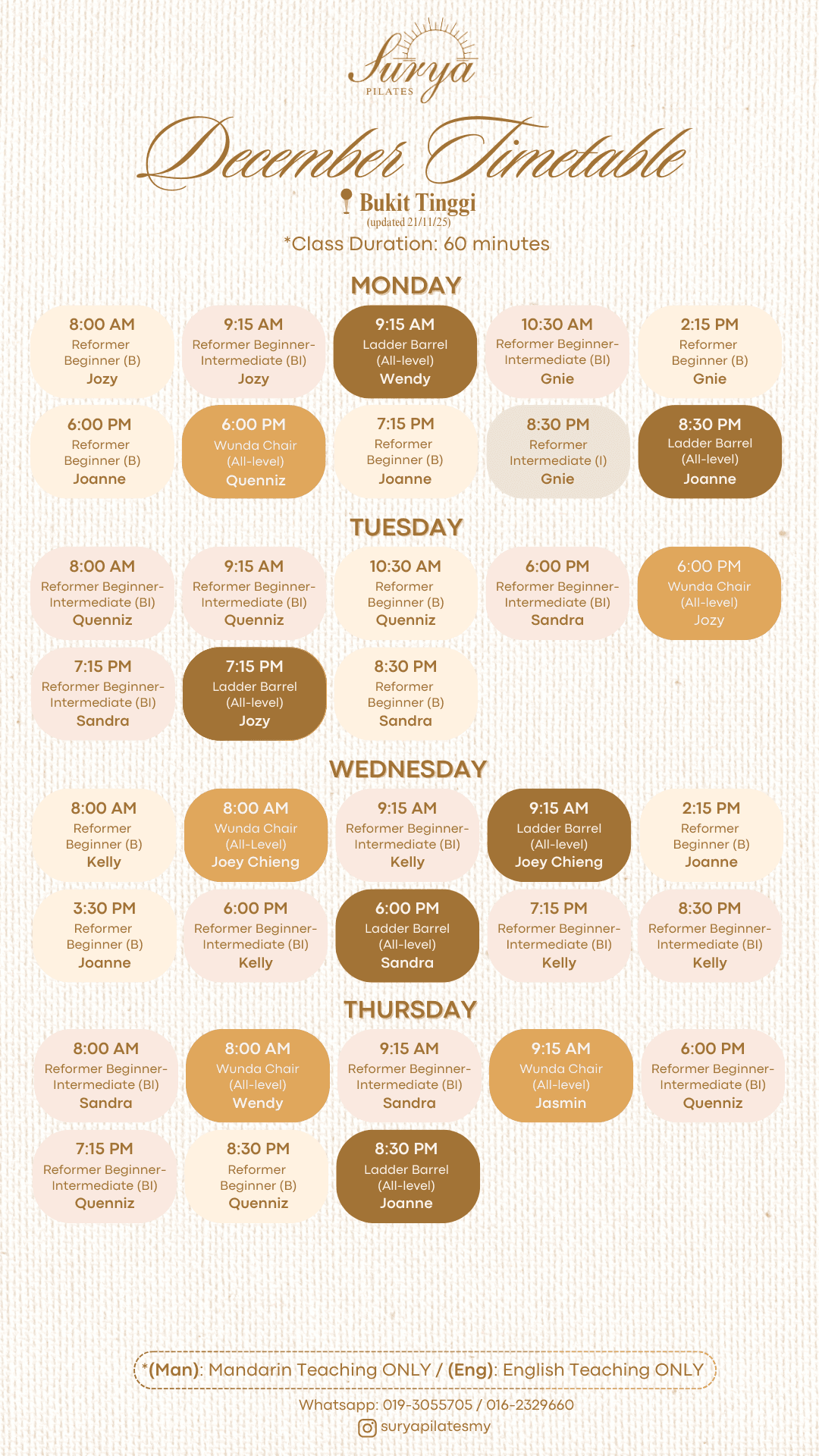 Surya Pilates Bukit Tinggi Schedule