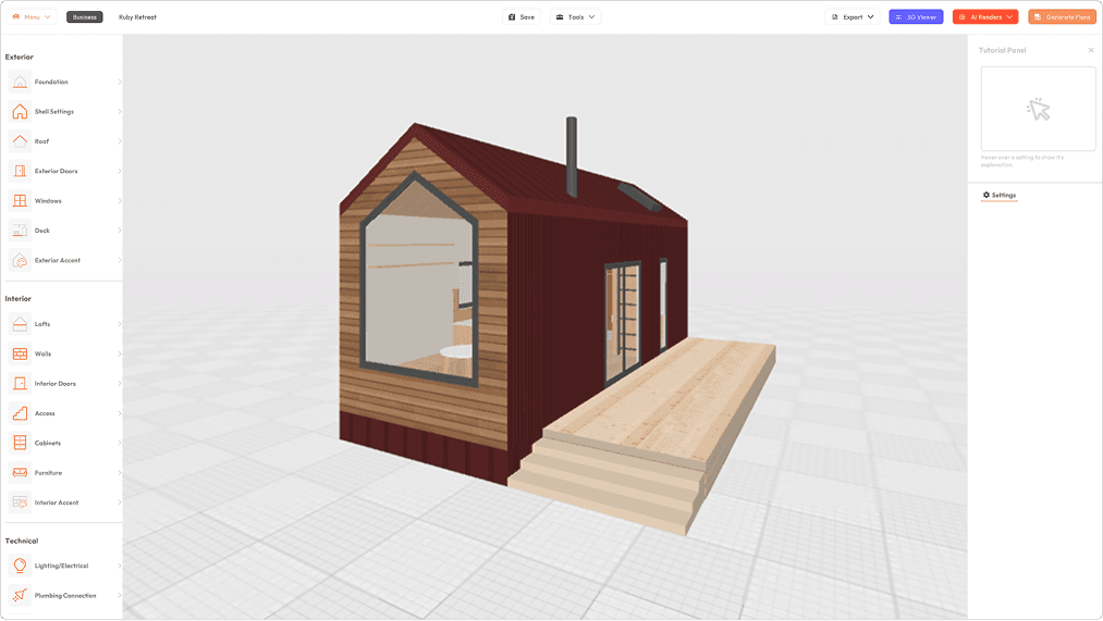 Preview of the exterior 3D model of Ruby Retreat cabin concept in Tiny Easy's 3D Designer