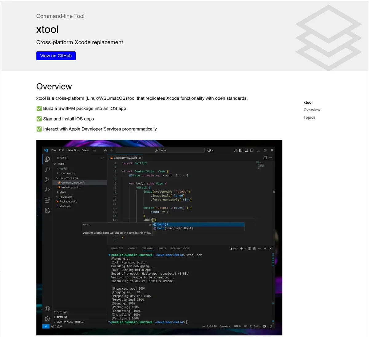 xtool overview page, an open-source Xcode replacement for building iOS apps on Linux and Windows