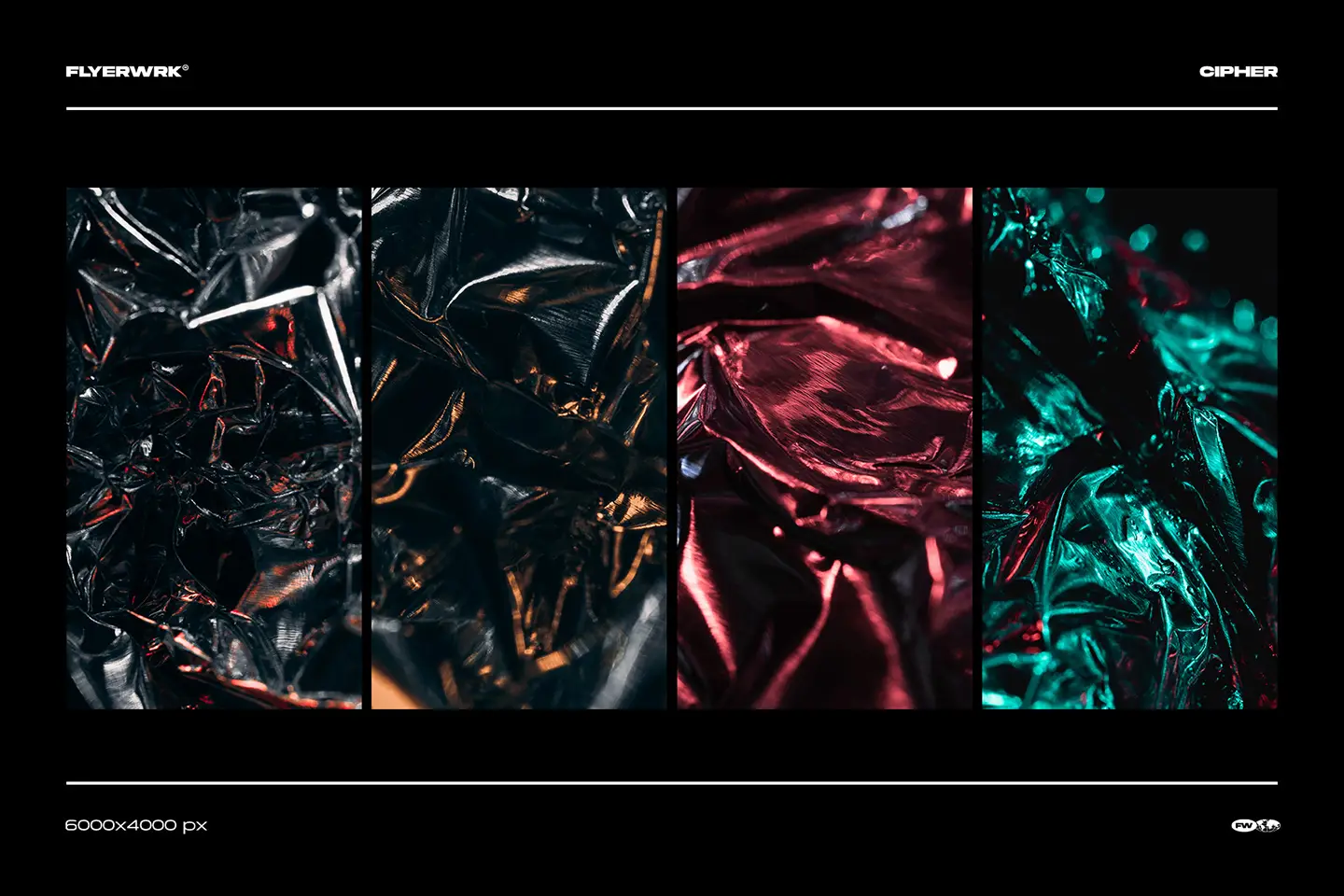 Cipher abstract metal foil textures showing four vertical color variations including dark chrome and red highlights