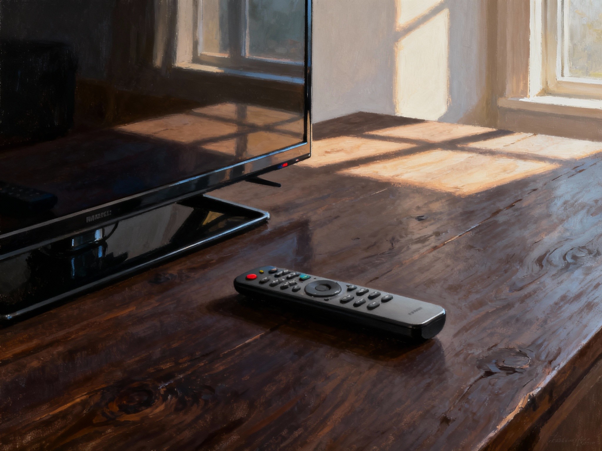 A minimalist flat lay composition of a sleek remote control and a glossy TV screen reflecting soft
