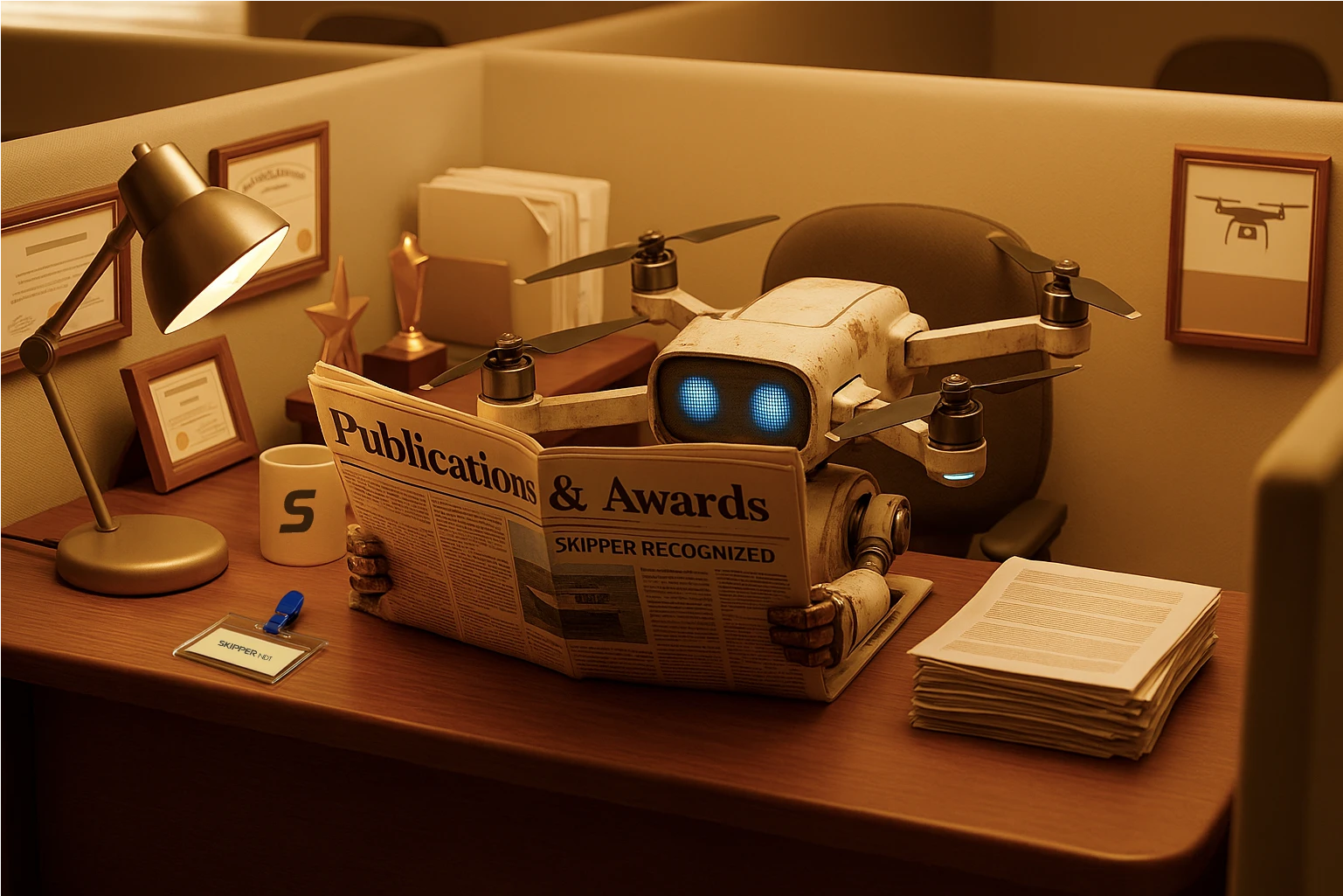 Skipper NDT funny drone reading the news at his desk