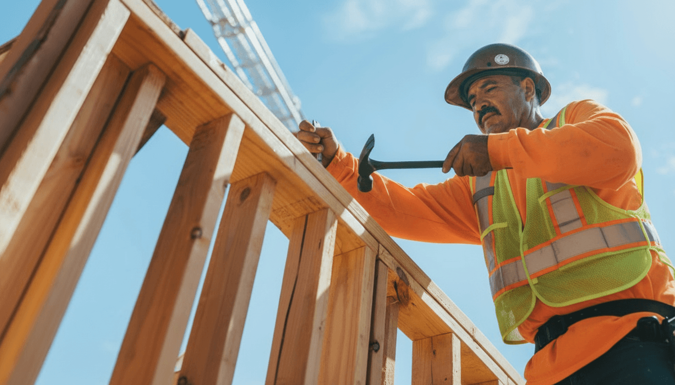 a man in a hard hat and safety gear working on a wooden structure