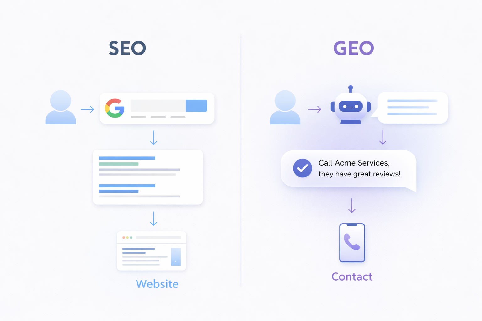 Diagrama comparativo entre SEO y GEO mostrando el recorrido del usuario en buscadores tradicionales versus motores de inteligencia artificial