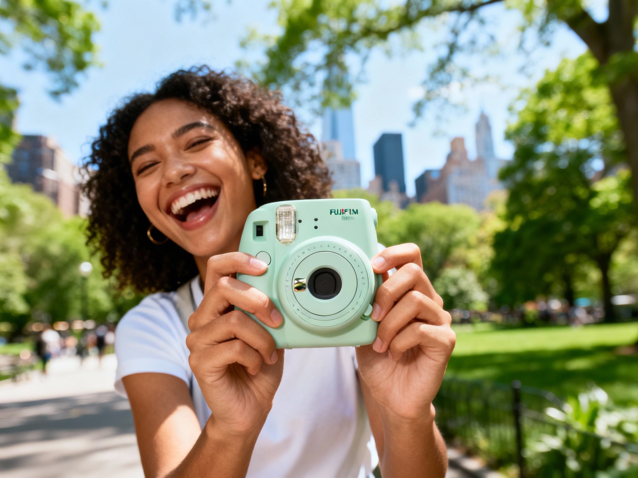 An editorial-style photograph capturing a young woman in mid-laugh holding a Fujifilm Instax Mini