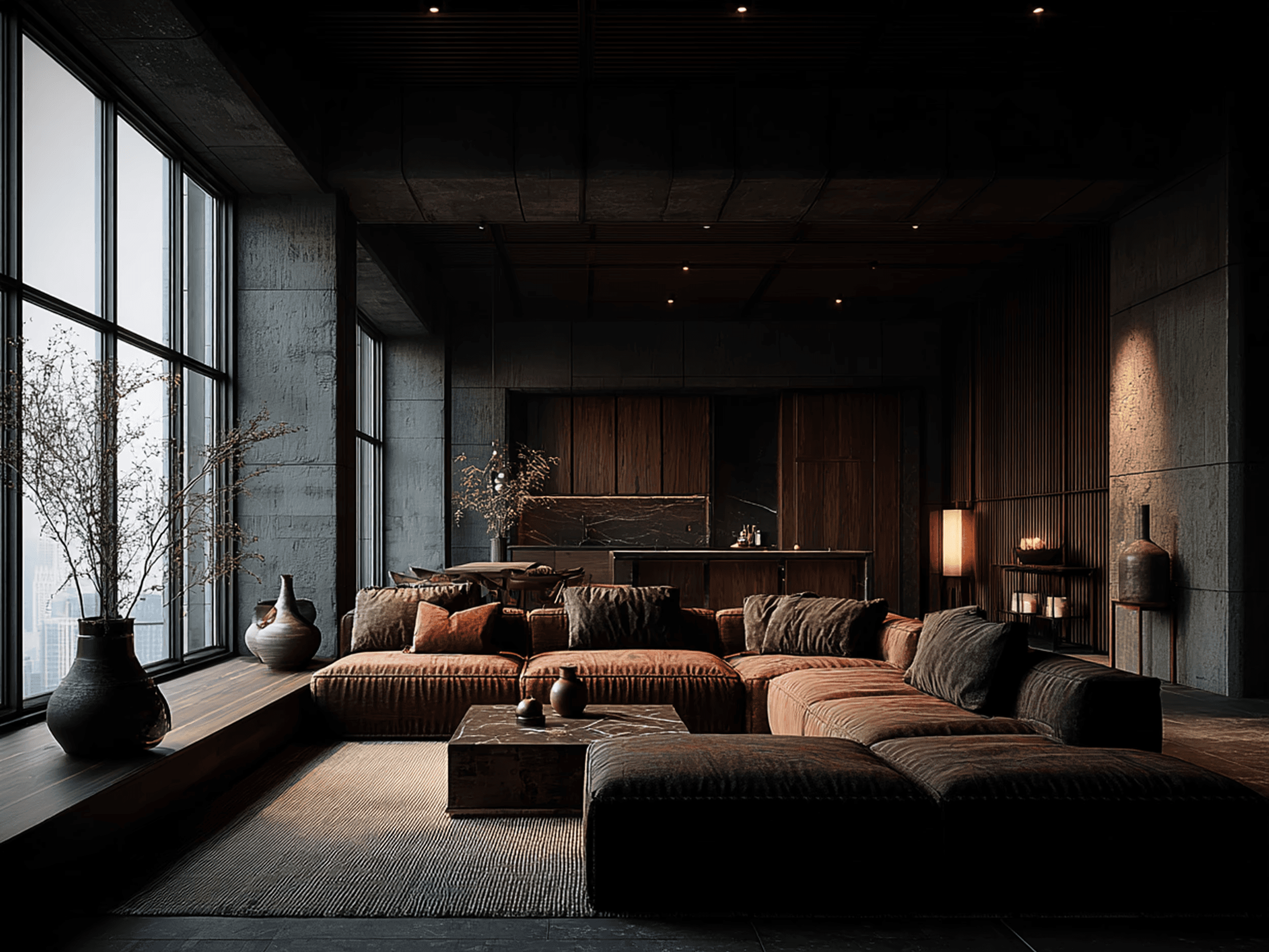 brown sectional couch near window