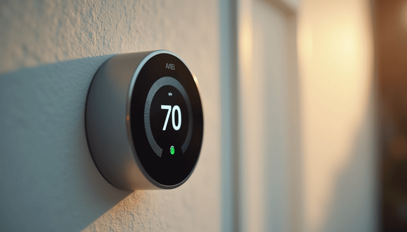 Close-up view of a smart thermostat mounted on a wall