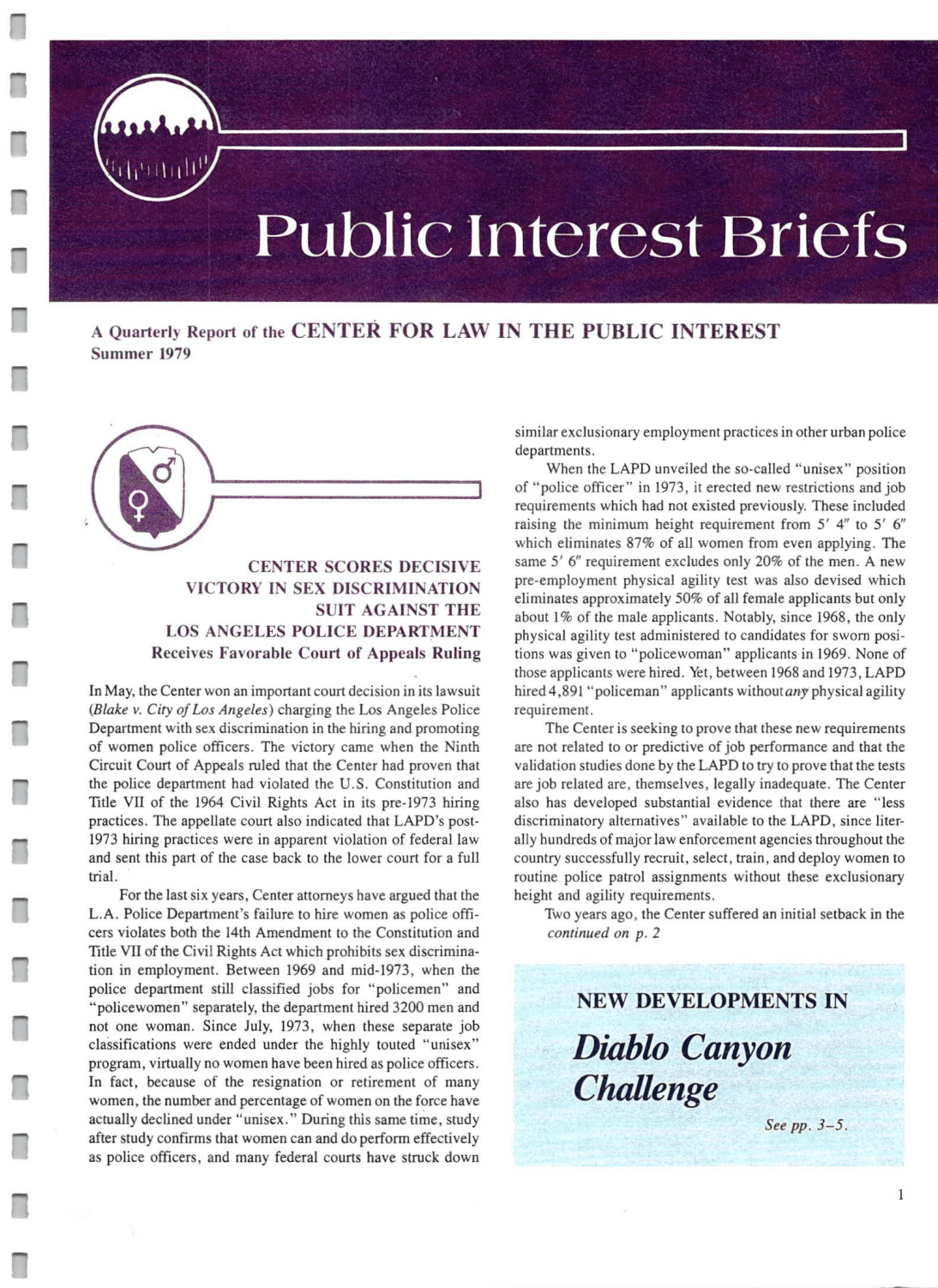 Cover of Center for Law In The Public Interest's Quarterly Report, Summer 1979 Edition Public Interest Briefs