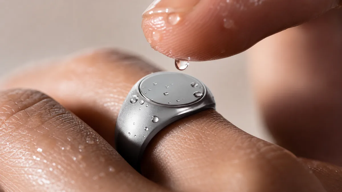 Wet thumb hovering above a silver zikr ring sensor with water droplets after wudu