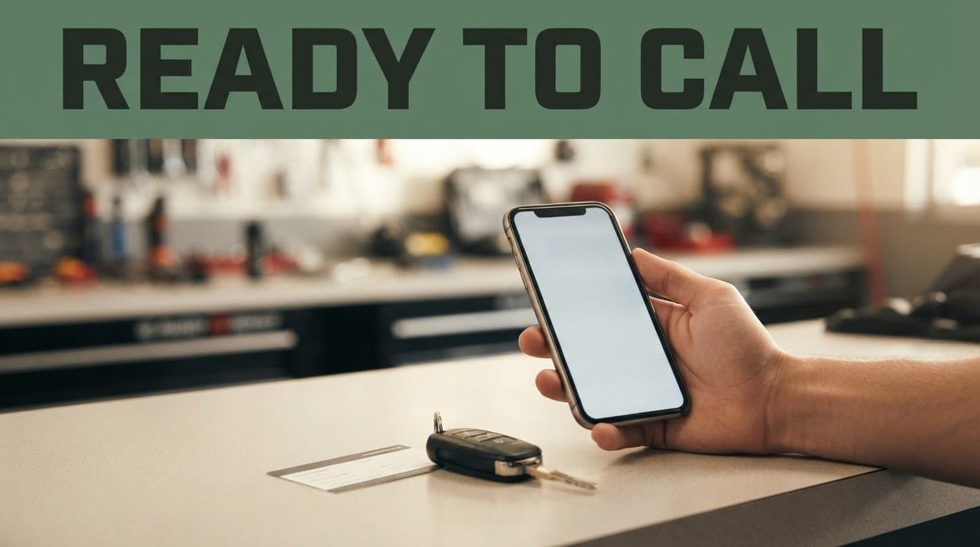 A smartphone, car key, and service card beside a hand at an auto repair counter.