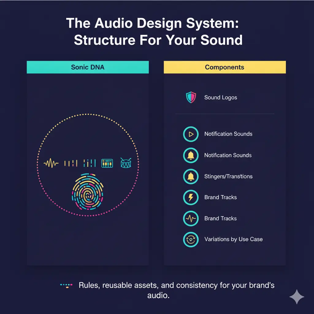 An illustration titled "The Audio Design System: Structure For Your Sound" on a dark background. It's divided into two main sections: Sonic DNA (teal background): Features abstract icons representing a unique audio fingerprint. This includes a sound wave, a series of vertical bars, a small keyboard synthesizer, and a drum, all encircling a colorful fingerprint graphic made of sound waves. Components (yellow background): Lists various audio assets. This includes icons and labels for "Sound Logos," "Notification Sounds," "Stingers/Transitions," "Brand Tracks," and "Variations by Use Case." Below the two sections, a tagline reads: "Rules, reusable assets, and consistency for your brand's audio."