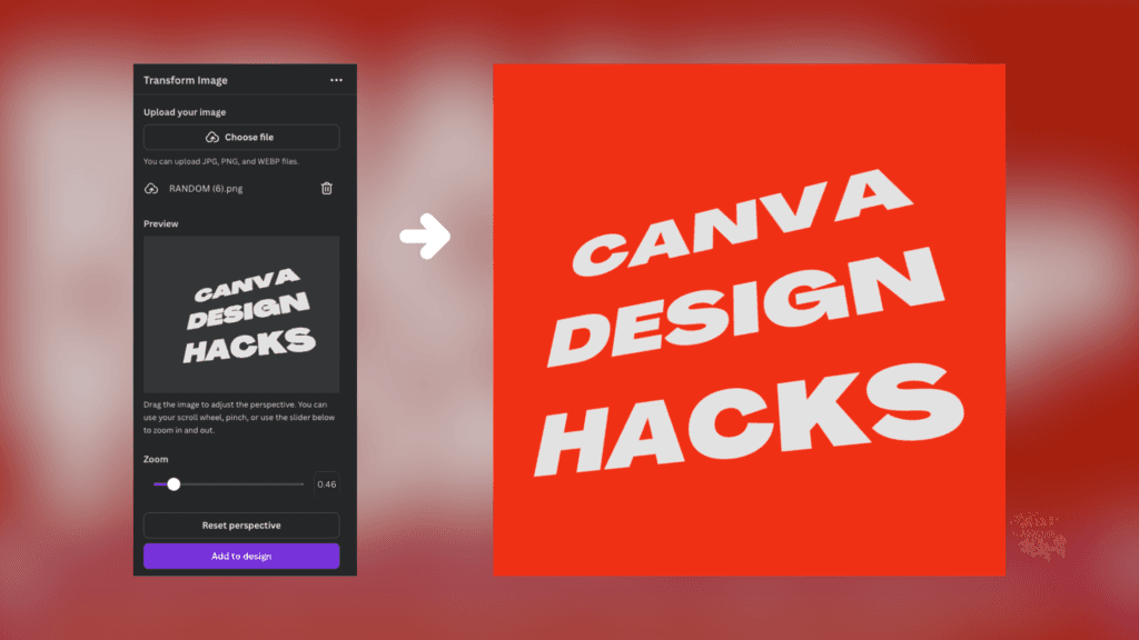 Showing how the transform image app can skew the perspective of text in Canva.