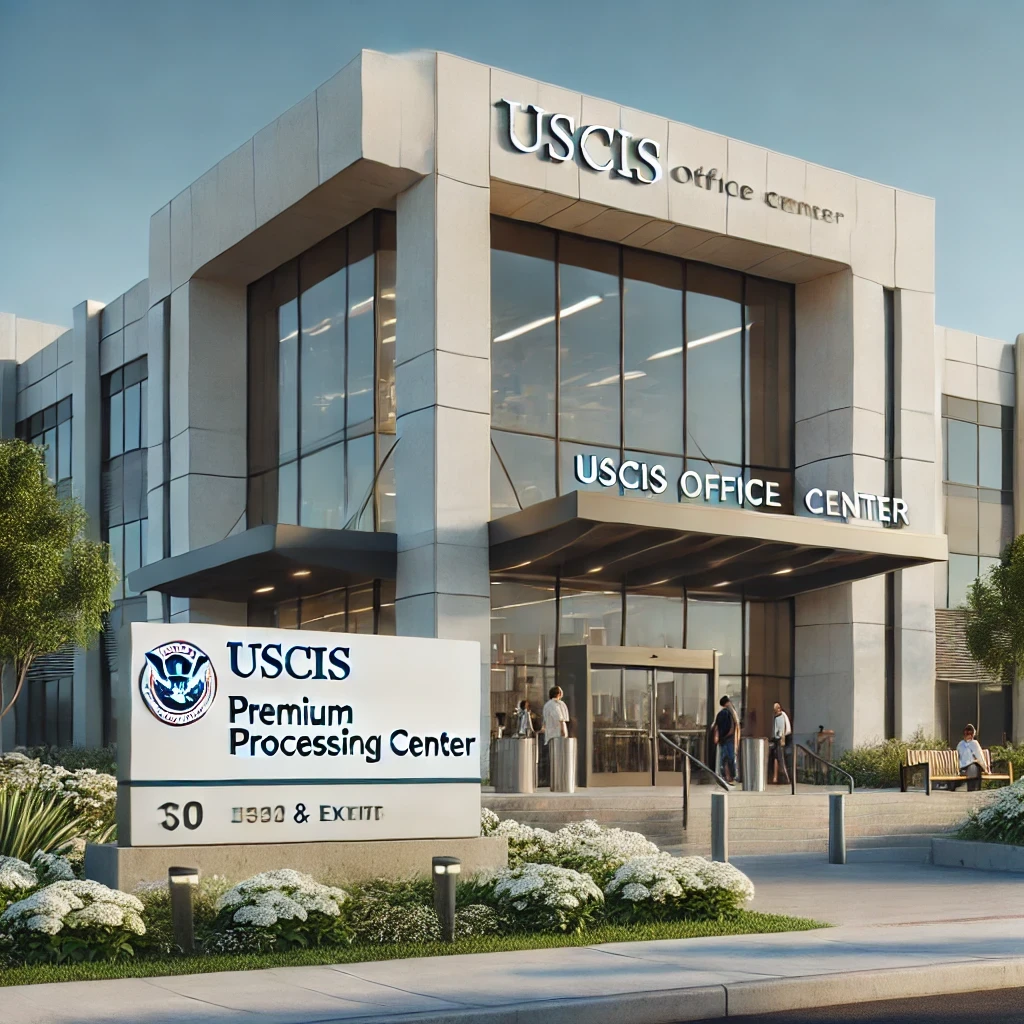 Exterior shot of a USCIS office building labeled as a premium processing center, with people entering and exiting.