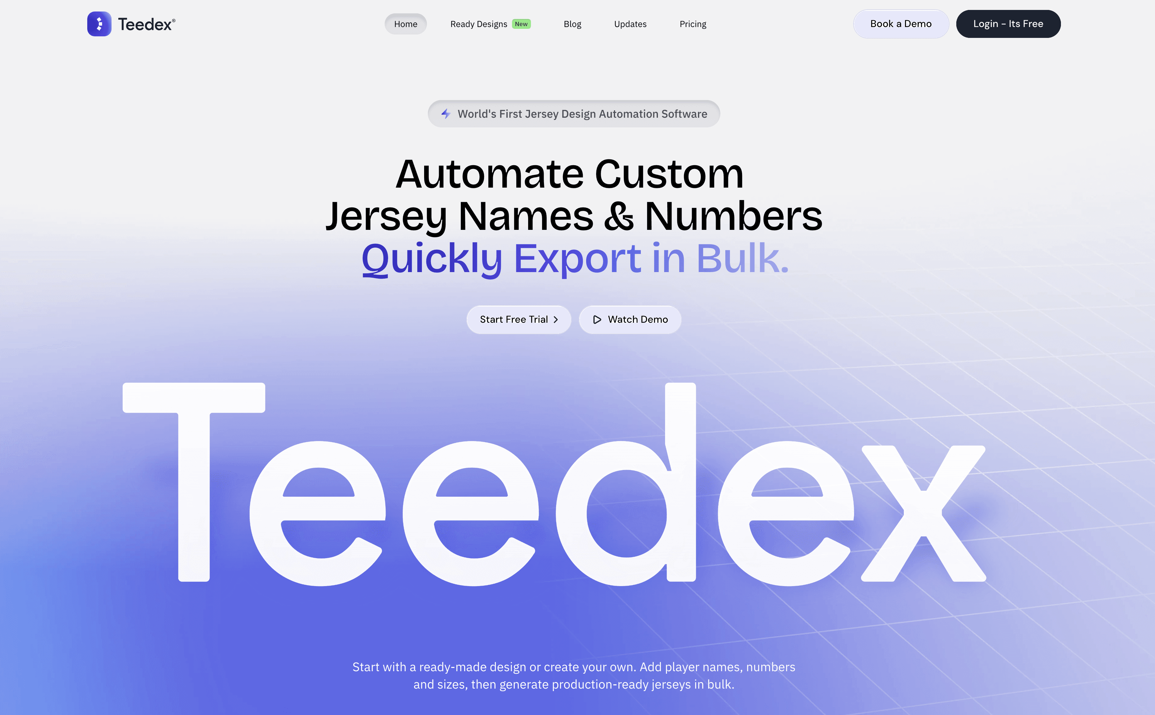 Teedex "Teedex – bulk jersey design tool for manufacturers, automates player name and number placement for custom sportswear