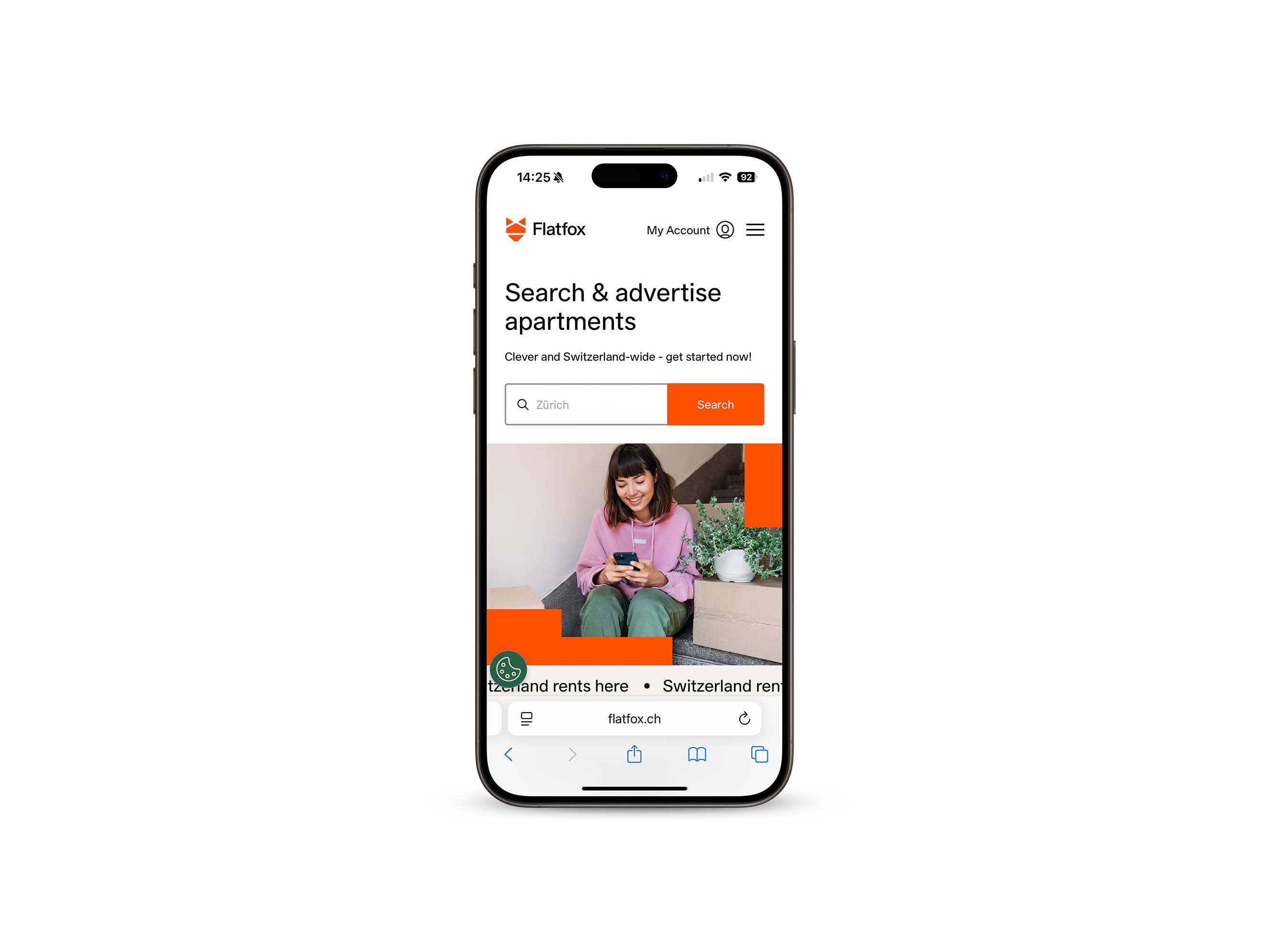 A smartphone mockup displays the Flatfox app homepage with the headline "Search & advertise apartments." The UI design features a clean, white interface with bold orange accents and high-quality lifestyle imagery, showcasing a user-centric digital platform for real estate.
