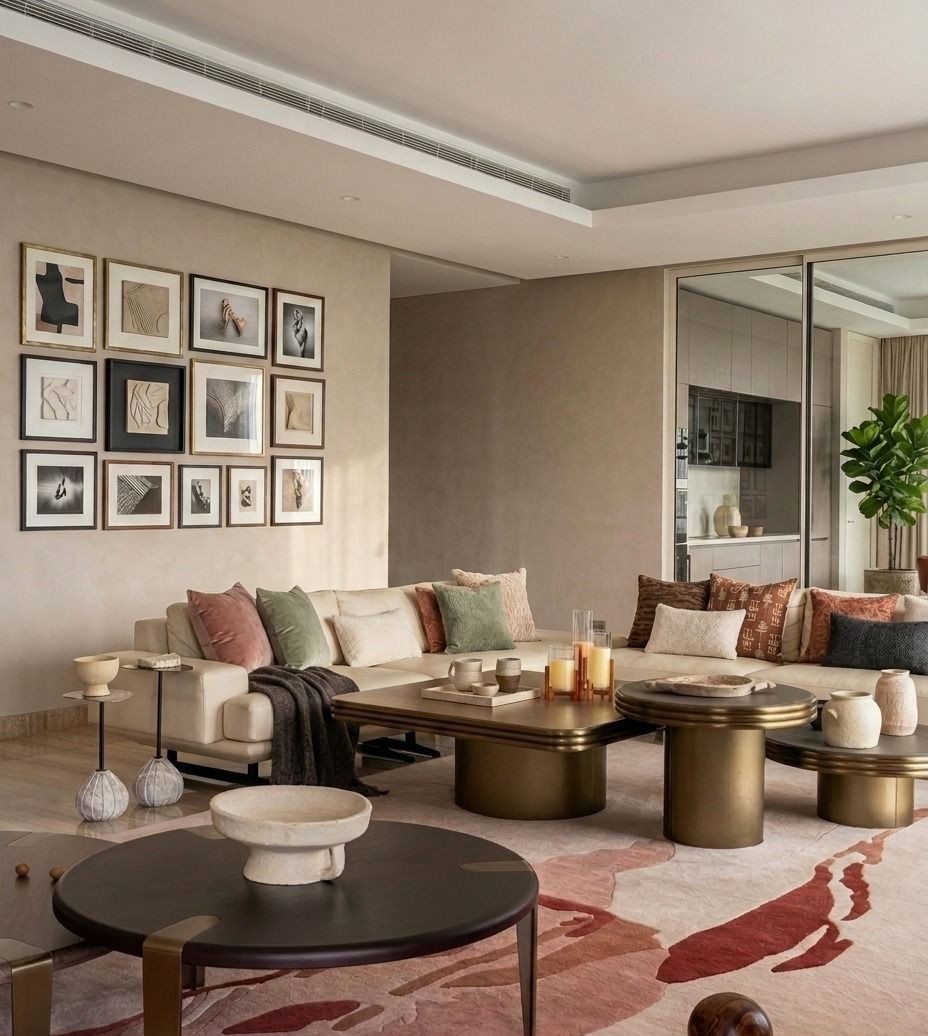 Vintage-modern living room with tufted sofas, false ceiling, and layered warm lighting.