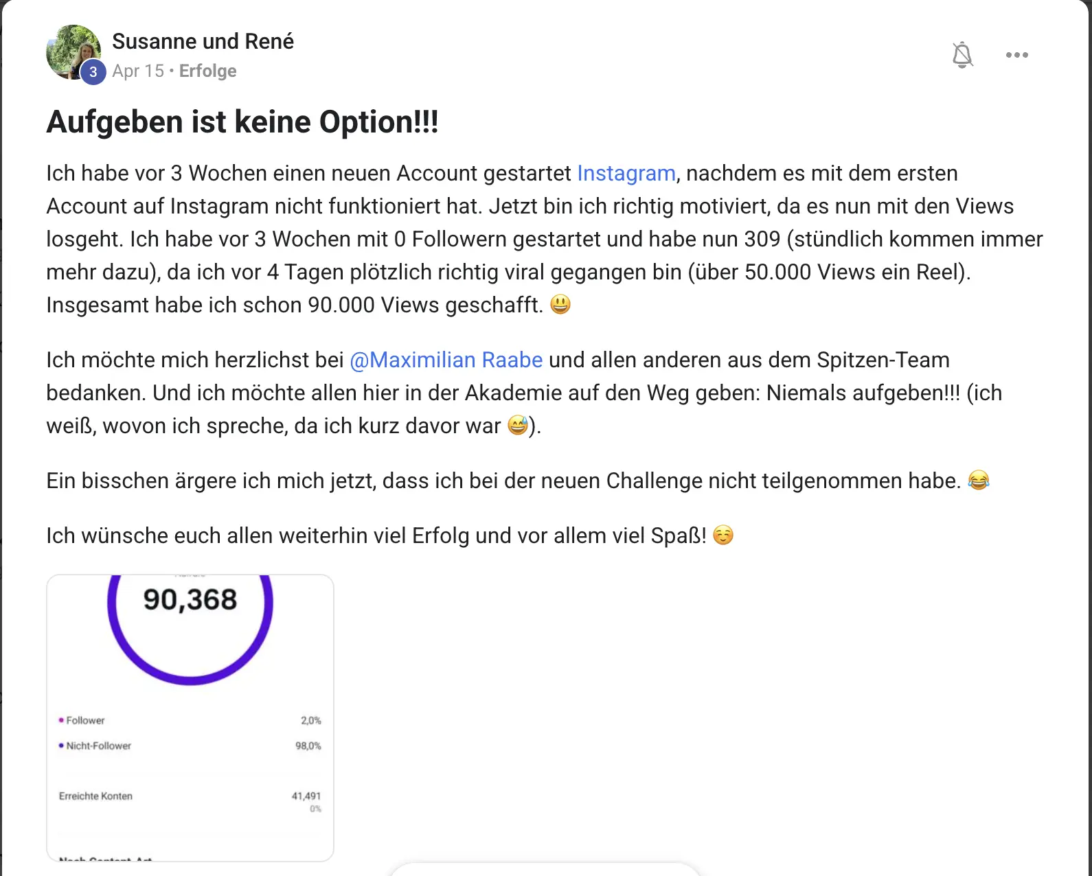 Mitglied der KI Creator Akademie: Susanne und René wachsen in 3 Wochen von 0 auf 309 Follower