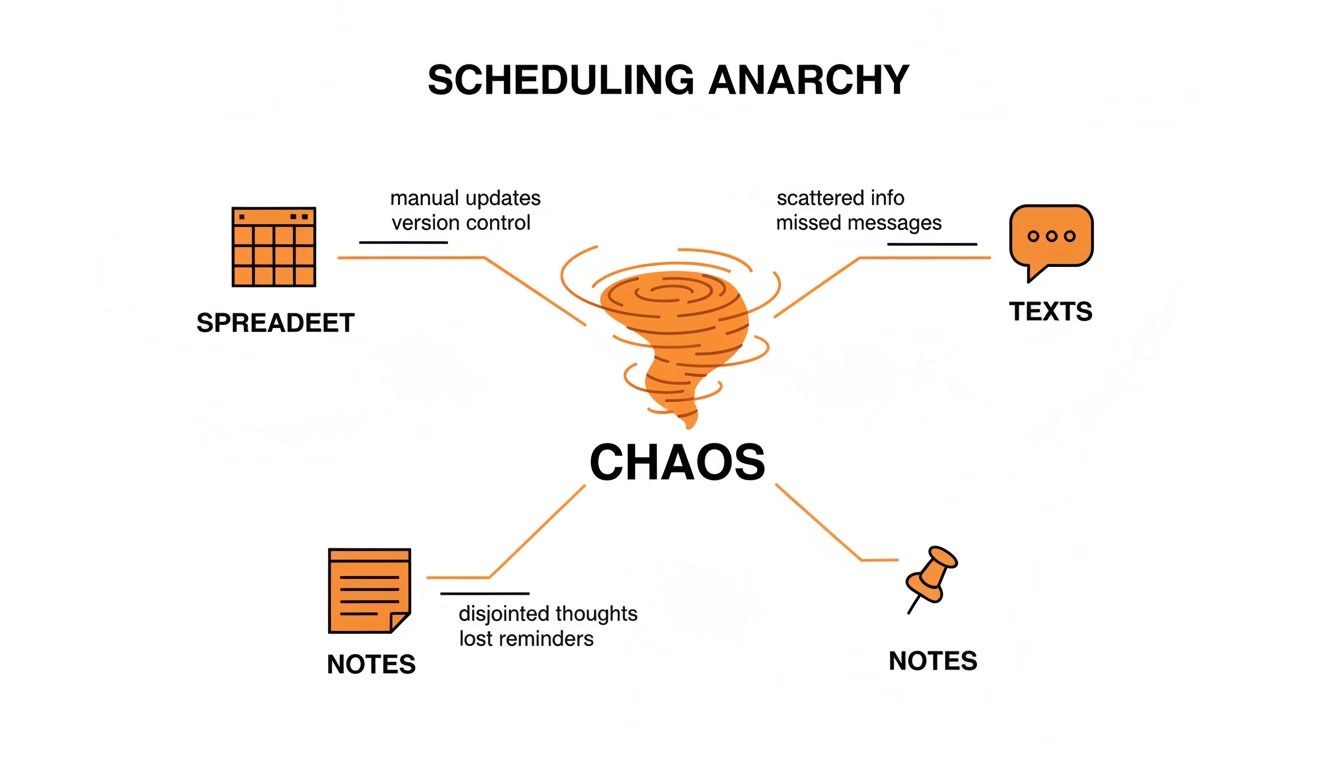 Diagram showing how traditional methods like spreadsheets, texts, and notes lead to scheduling chaos.