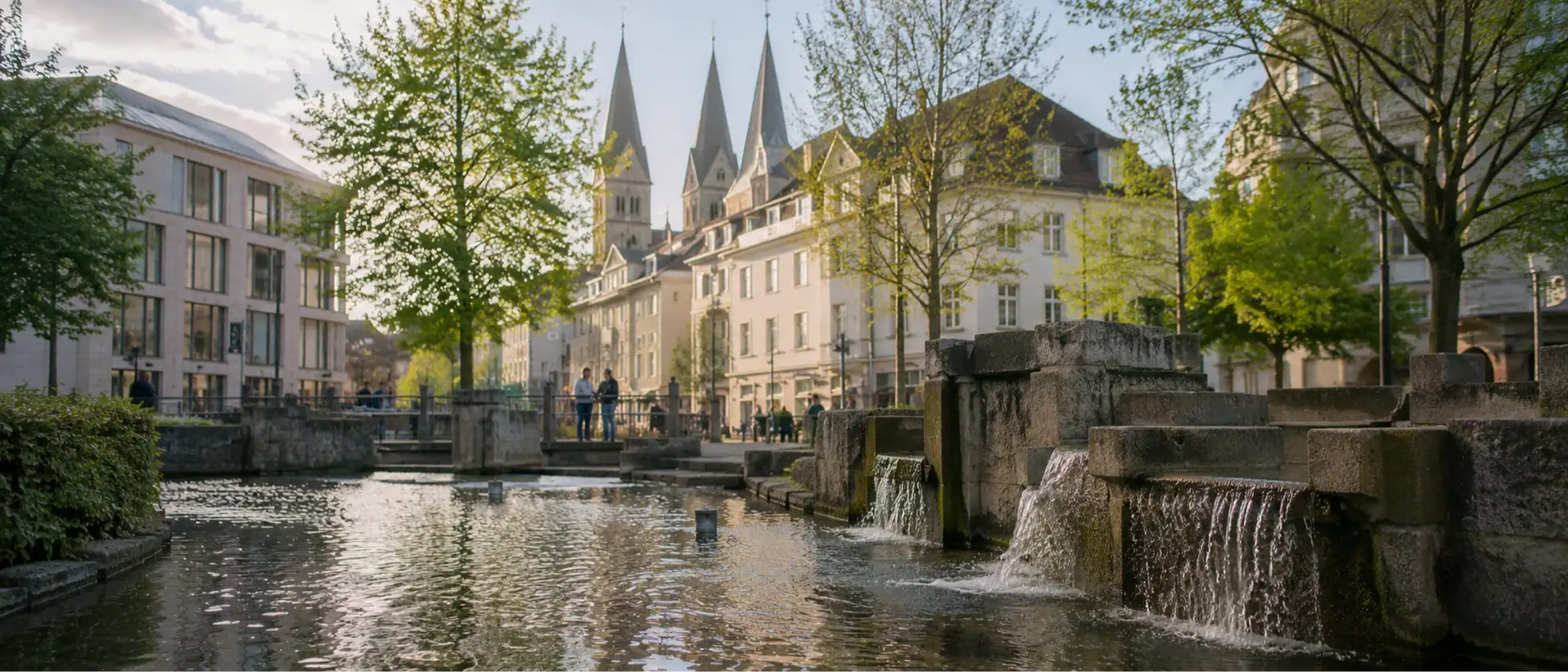 Paderborner Dom mit Paderquellen im Vordergrund, Symbolbild für Pflegemarkt Paderborn