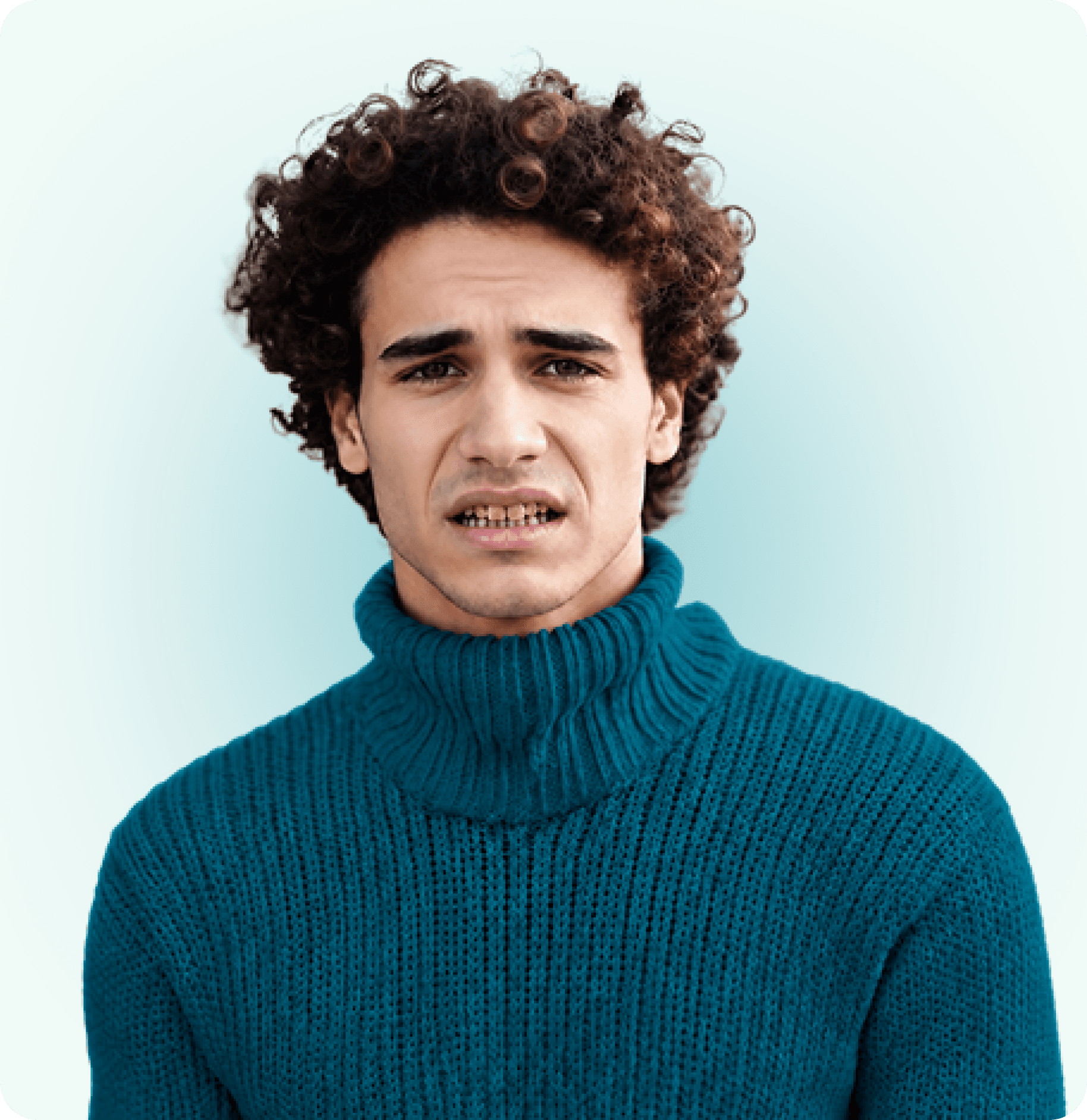 Customer review card showing curly-haired man alongside dental clinic feedback block.