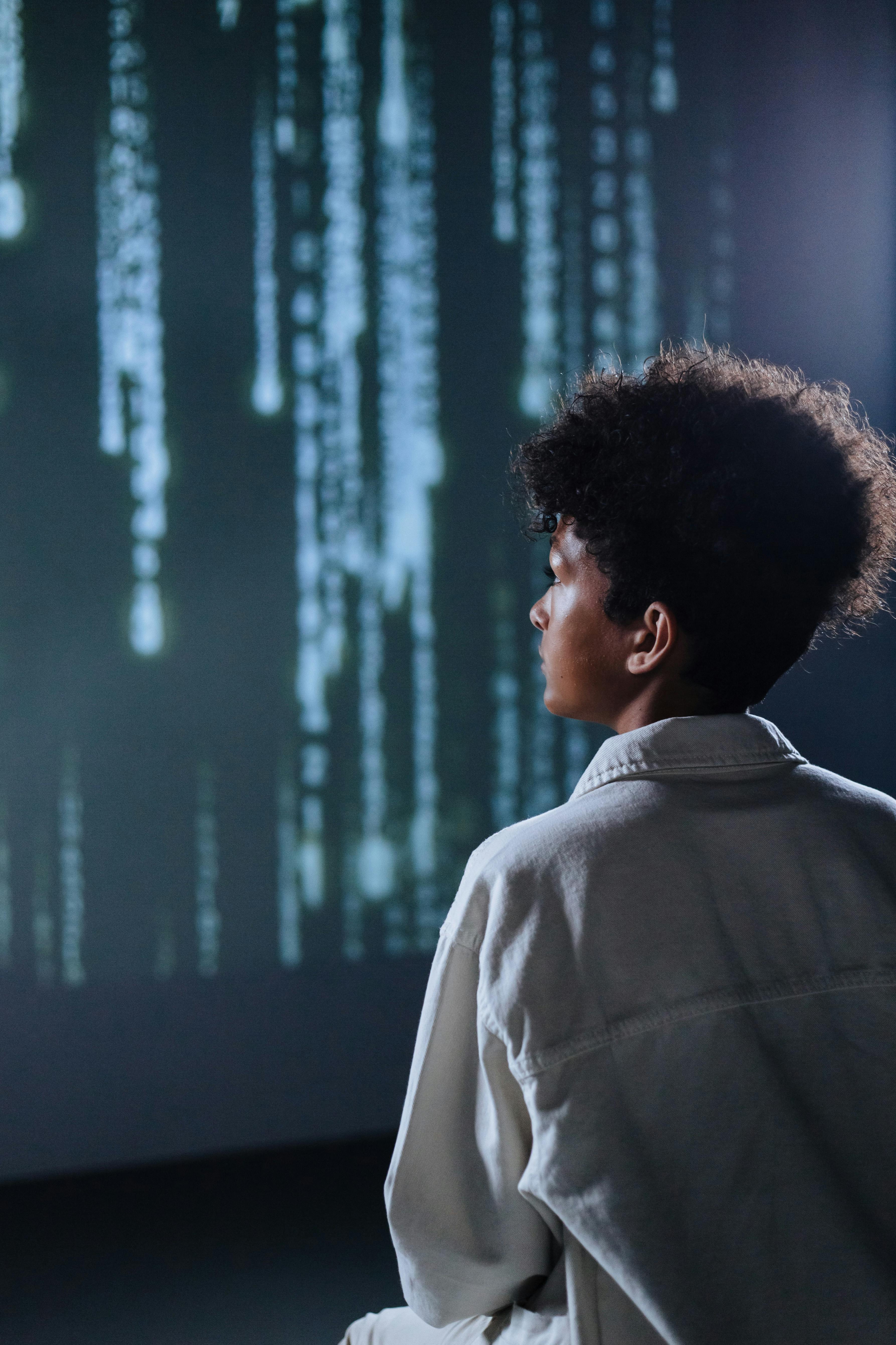 man staring at futuristic background