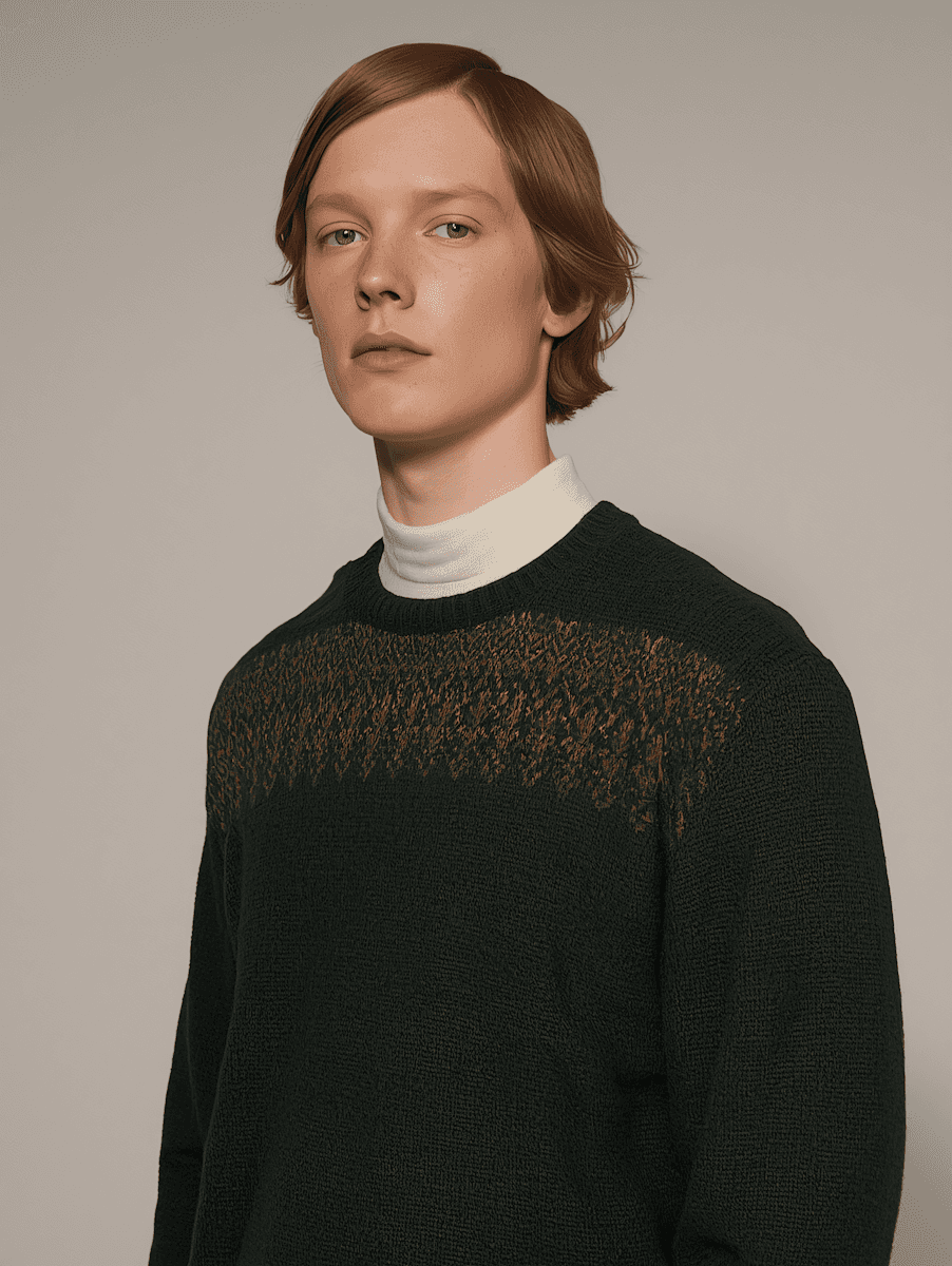 Person in a dark green sweater with a white turtleneck, posing against a neutral background with a calm expression.