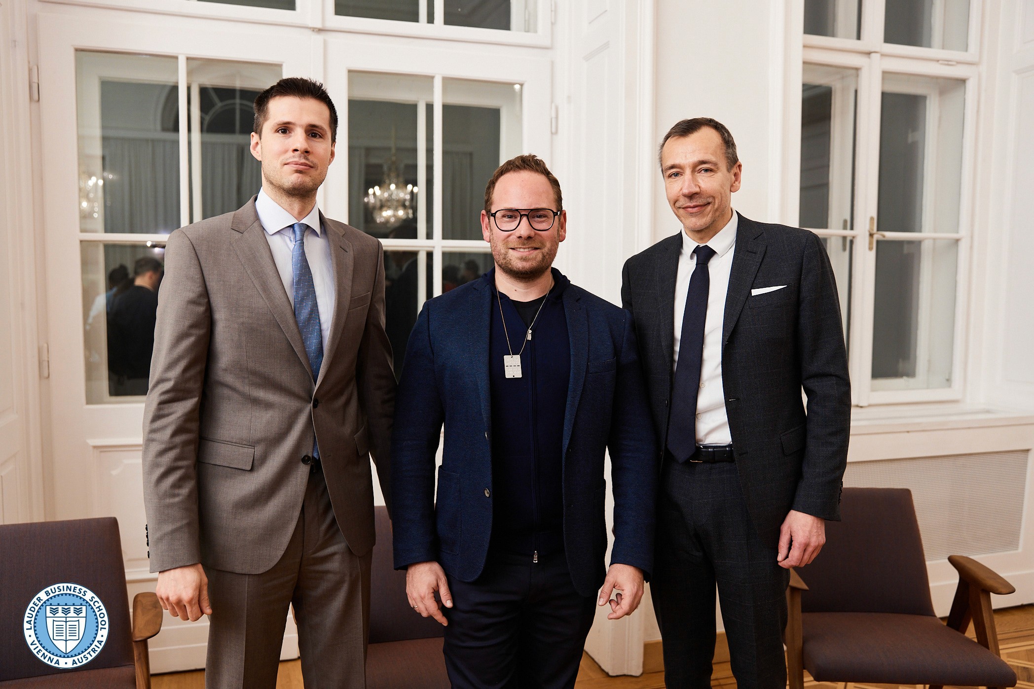 Entrepreneur Ben Ruschin together with Dr. Tamas Csermely, Director of Graduate Studies at LBS and Mr. Alexander Zirkler, Executive Director at LBS  posing after the Fireplace Talk