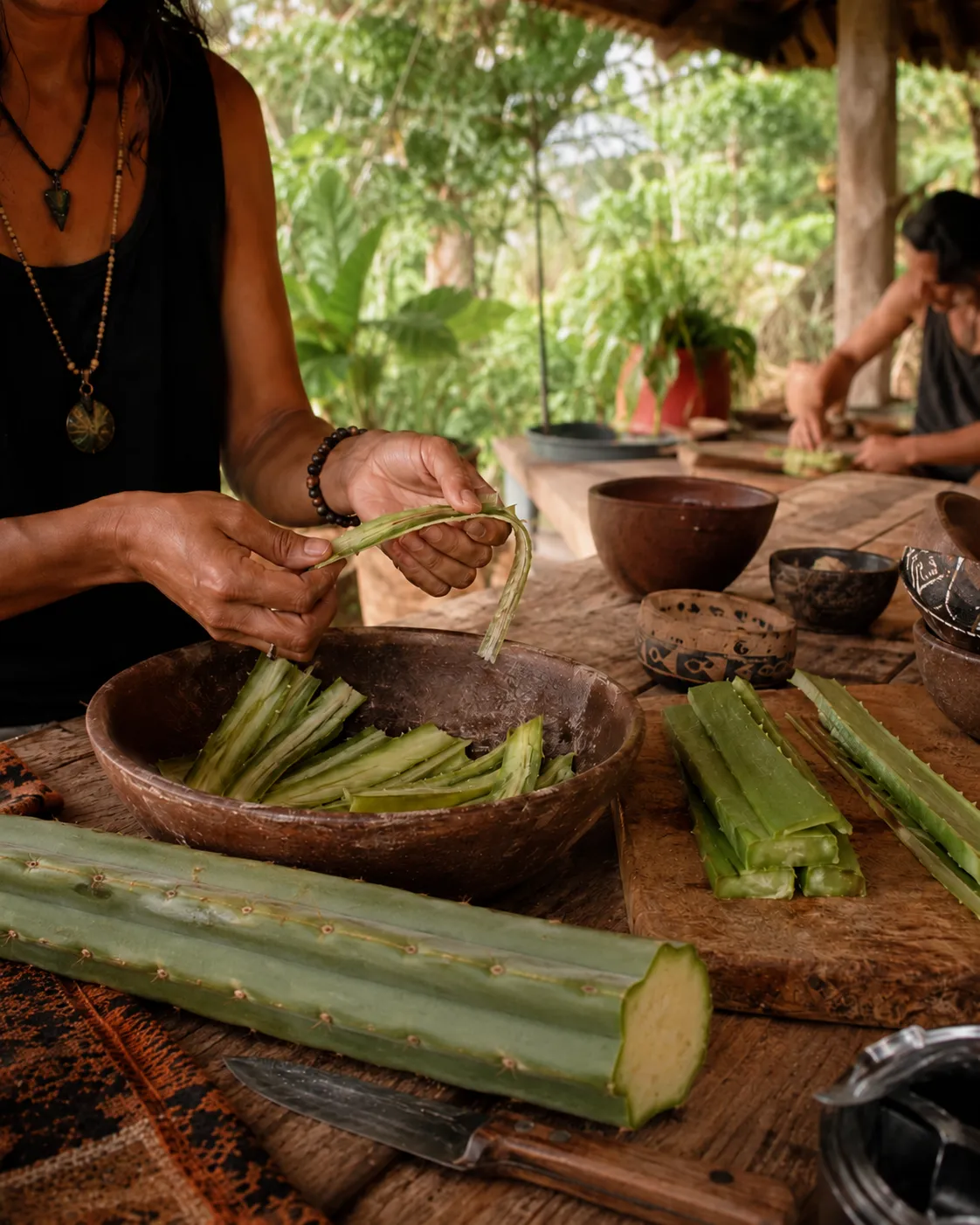 Peeled San Pedro cactus pieces being prepared on a wooden table