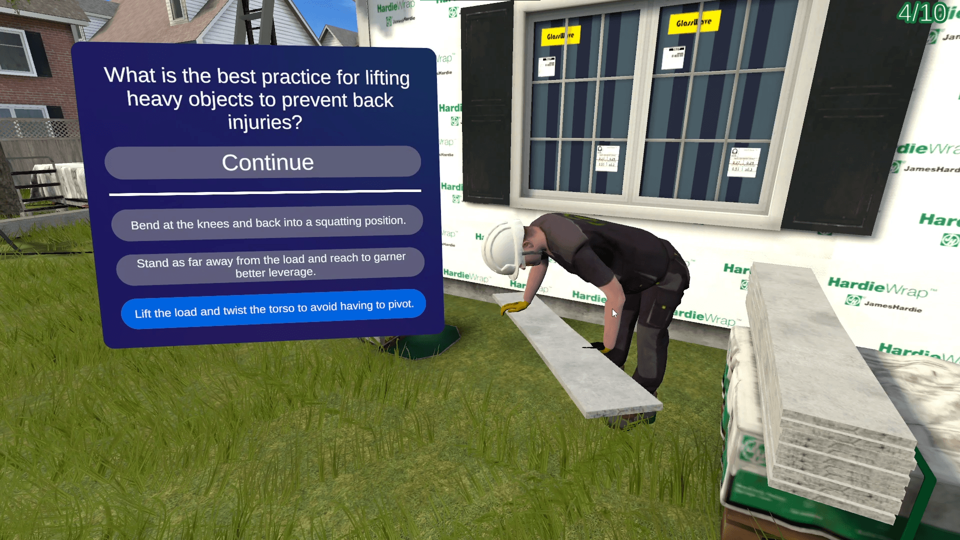 Multiple-choice question on ergonomics for construction site embedded in simulation jobsite safety app