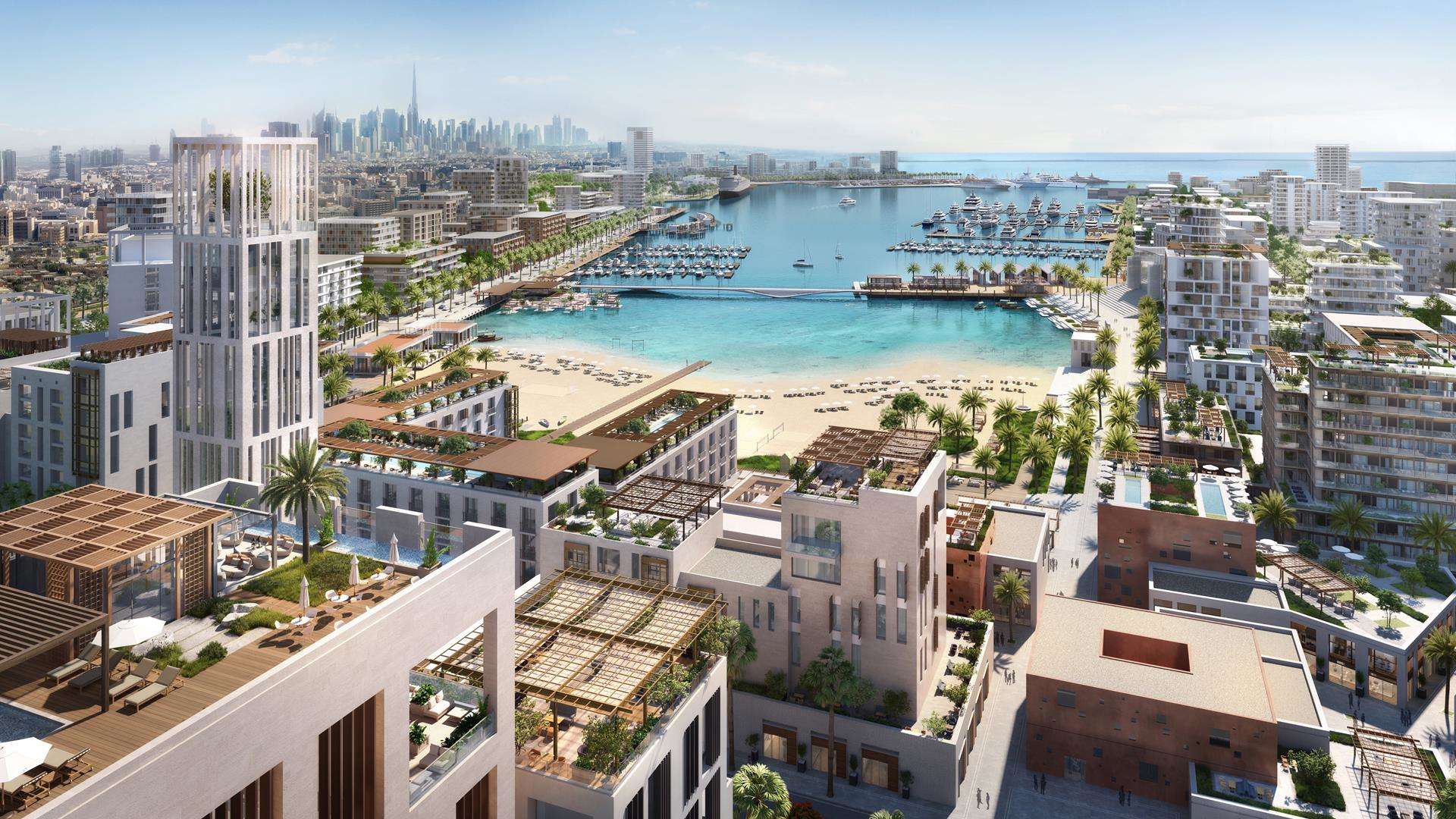 Mina Rashid, a vibrant Dubai port featuring sleek buildings and busy docks, symbolizing the city's maritime heritage.