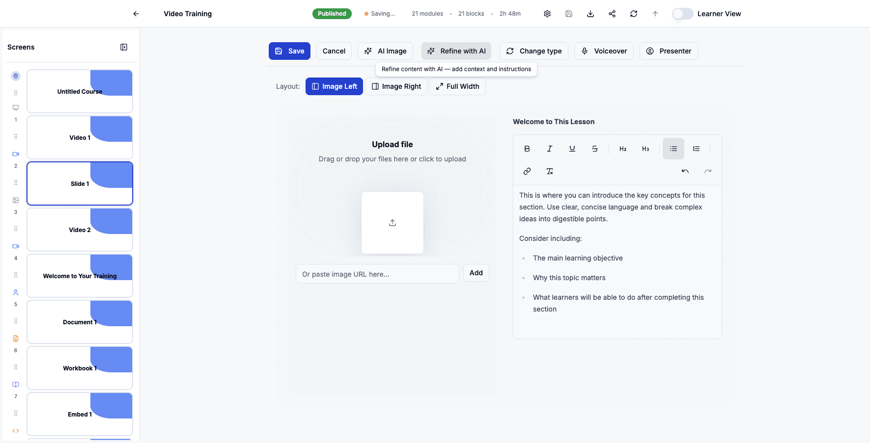 Click Refine with AI to use artificial intelligence to improve and polish your slide content.