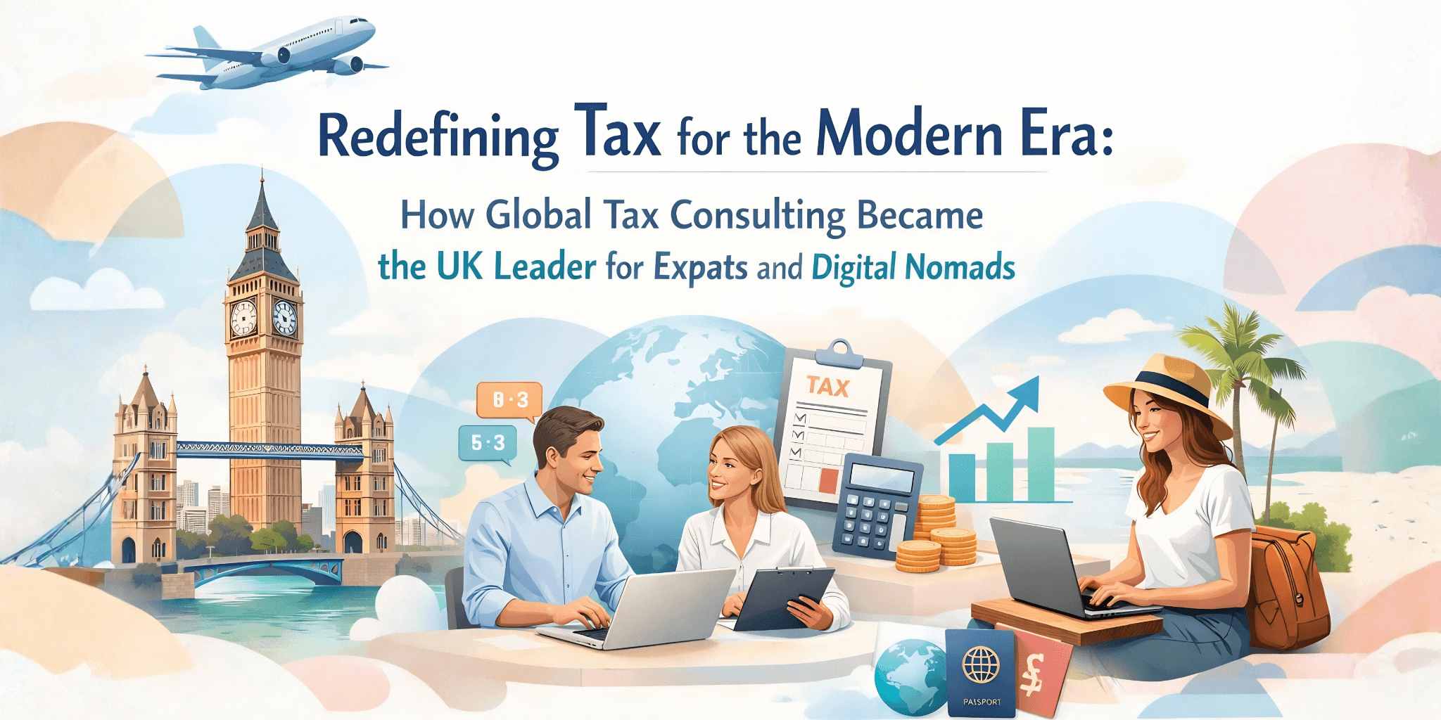 A collage with Big Ben and a plane symbolizes global travel. Two people discuss tax consulting beside a laptop, calculator, and charts, conveying modern financial guidance.