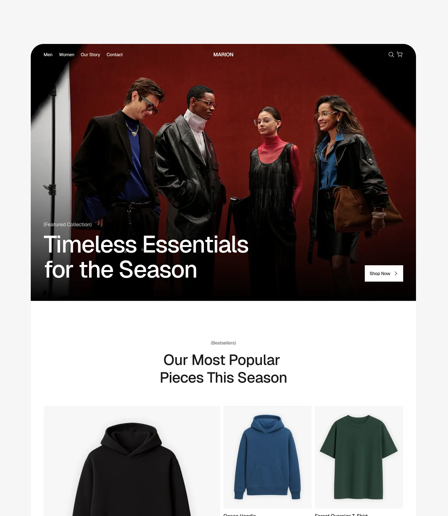 Ecommerce website template homepage preview with product focused layout