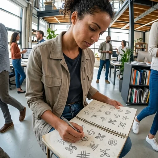 Équipe de créatifs en agence à Paris, collaborant autour d'un poste de travail pour concevoir et valider des logotypes et des éléments d'identité visuelle dans un carnet de croquis et sur plusieurs écrans haute résolution, illustrant notre expertise en Création graphique 360° pour porter vos services en termes de création d’image de marque.