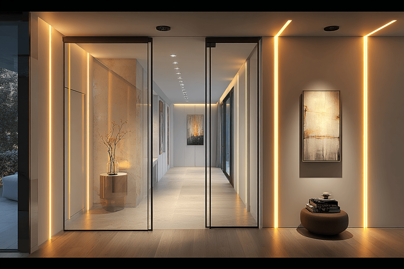 A modern, minimalist hallway featuring warm vertical LED strip lighting, sleek glass-paned doors, and abstract wall art, creating an elegant and sophisticated interior space.