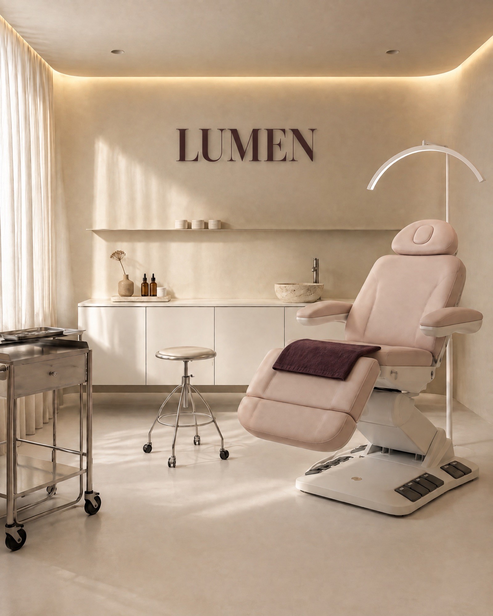 A LUMEN treatment room: a blush leather facial chair in a calm cream room with daylight through linen curtains