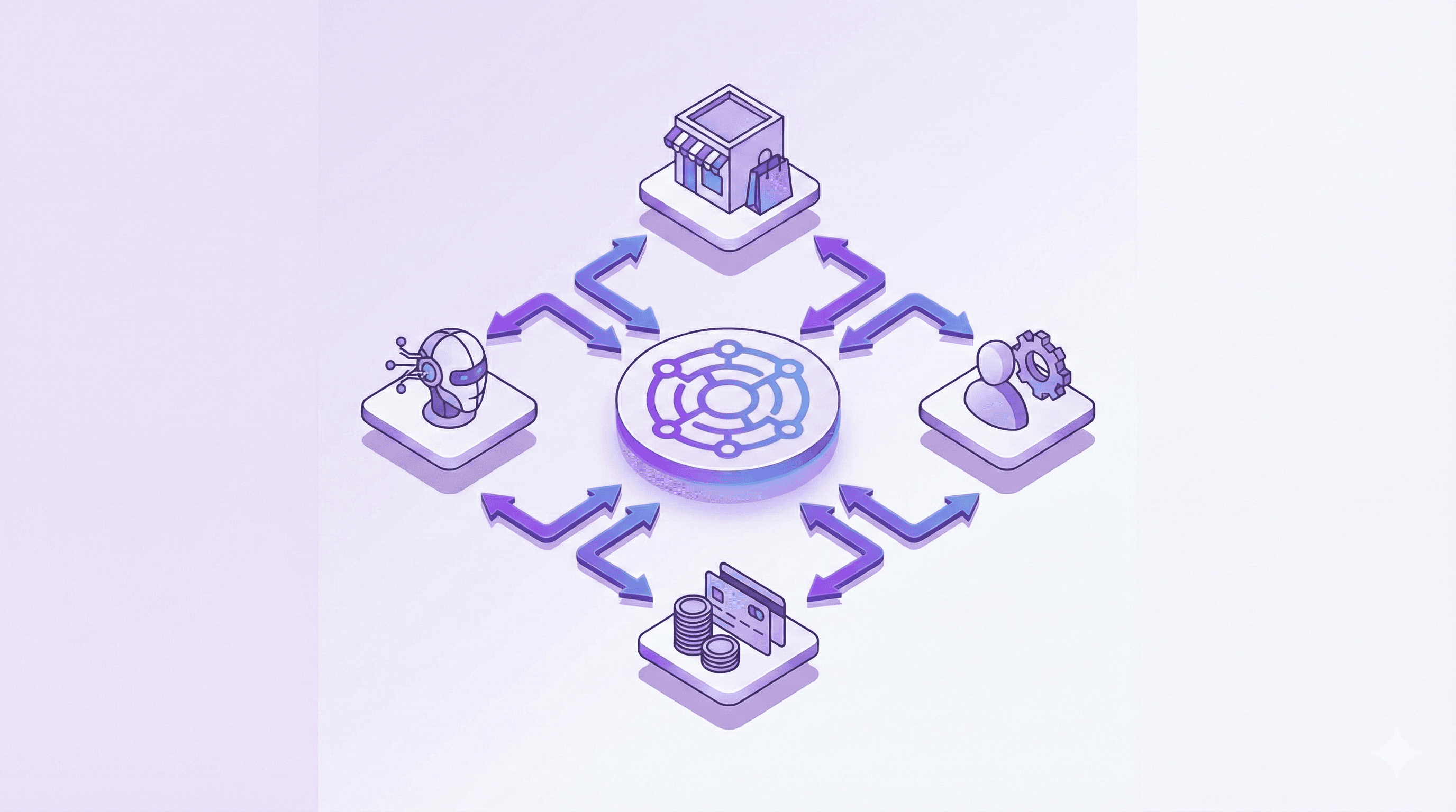 Square isometric diagram with a central hub and four connected icons: robot, store, payments, user profile.
