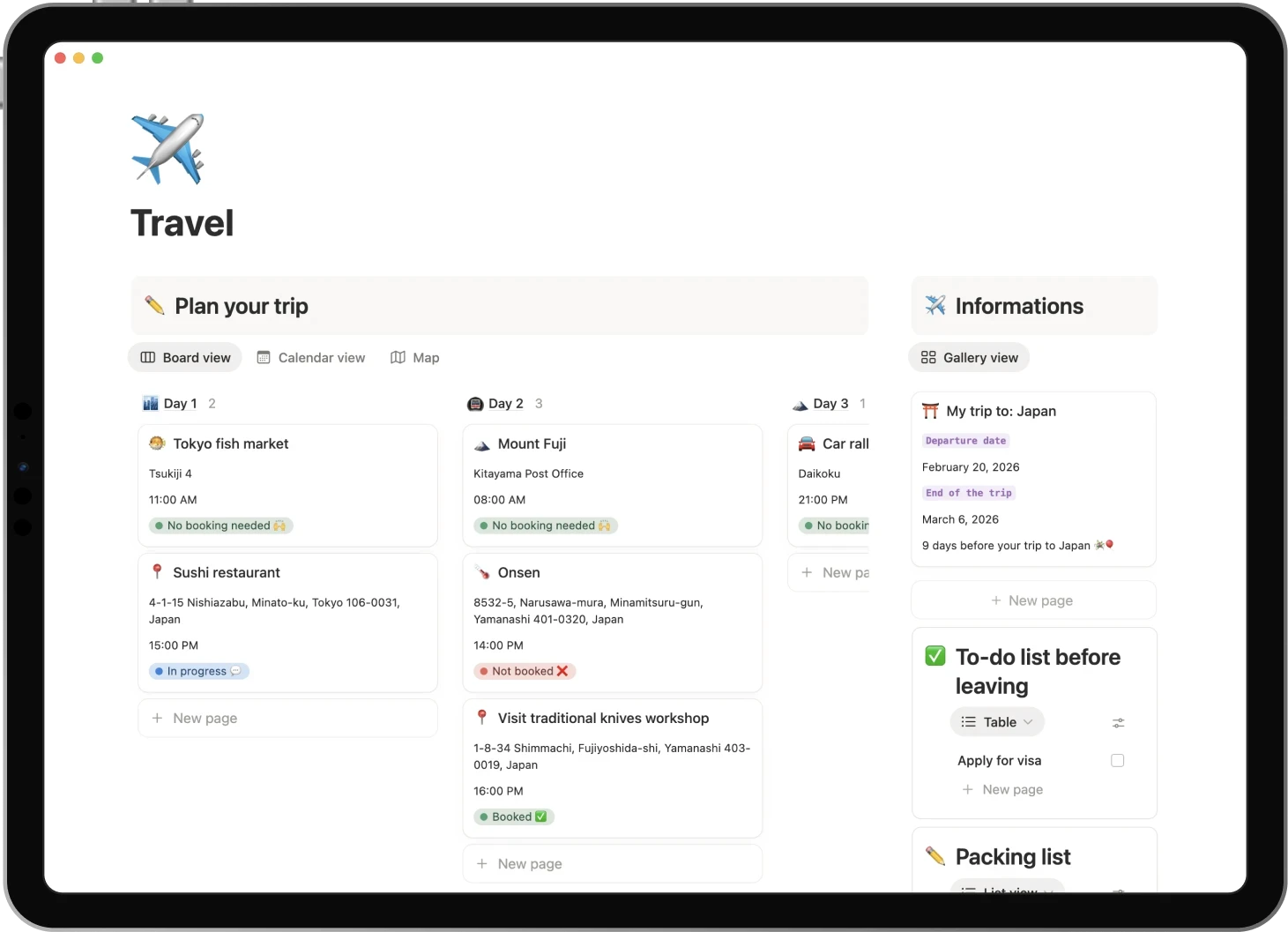 Ipad displaying the Travel template: Plan your entire trip, manage bookings, log your adventures, make your packing list and to-dos before leaving.