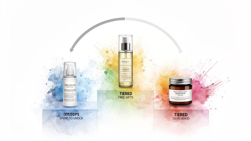 Three cosmetic products displayed in a tiered reward system with colorful watercolor splashes.