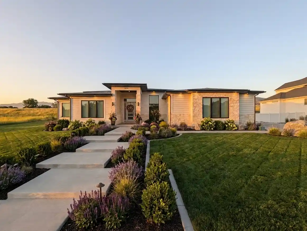 Completed modern Pow-R-Wall single-story home in Kaysville, Utah — stone wainscoting, modern siding, rooftop solar panels at golden hour