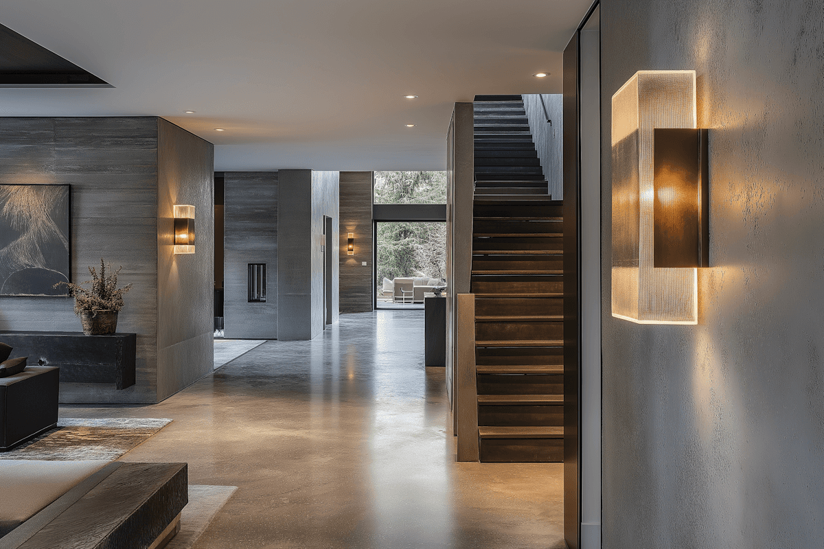 Contemporary home entrance with warm lighting, glass doors, and sleek interior finishes.