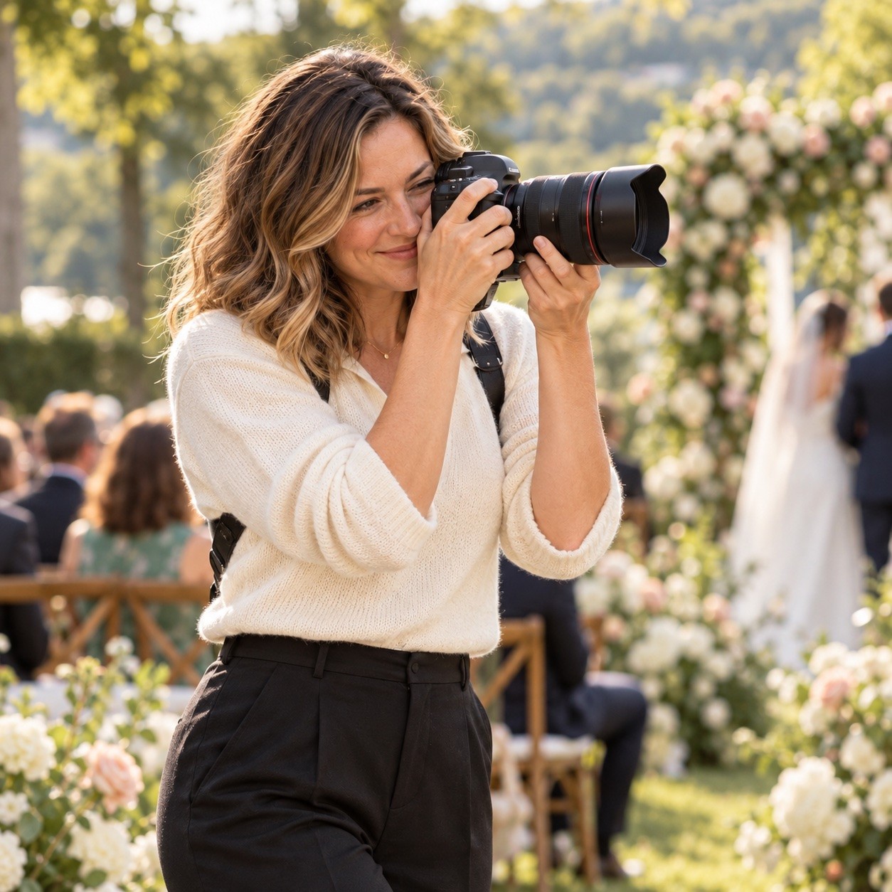 Kenzie photographing an outdoor wedding