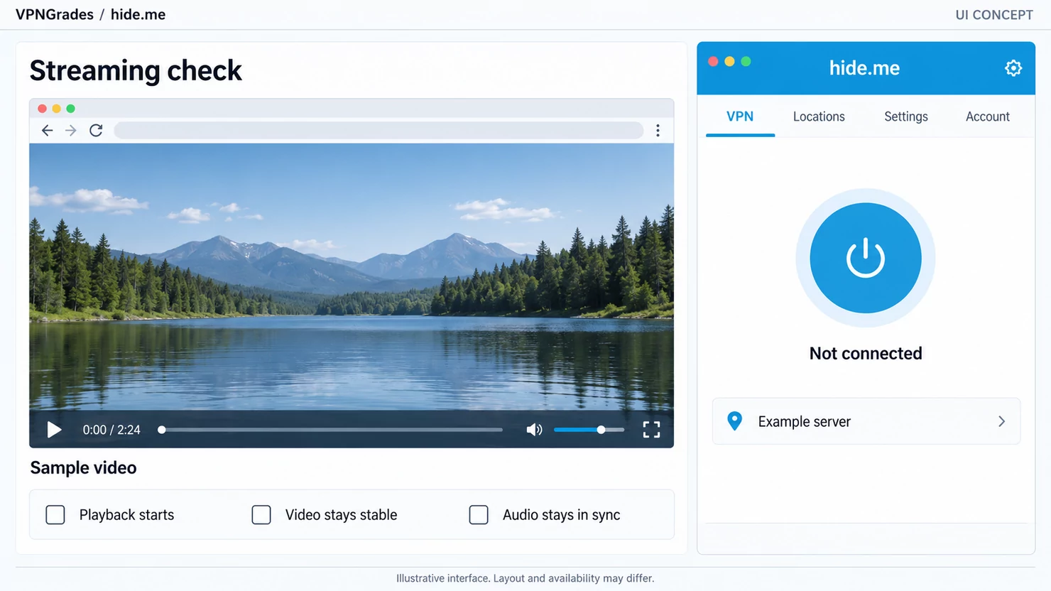 hide.me: a streaming test layout concept (illustration).