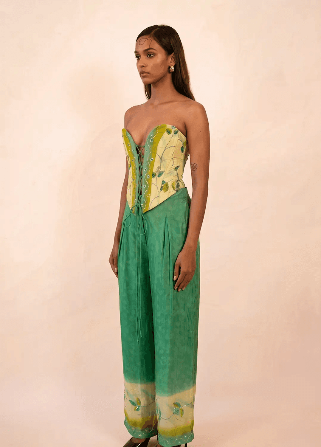 SWARA handcrafted silk corset from vintage saree with sweetheart neckline, tapered waist and adjustable back ties.