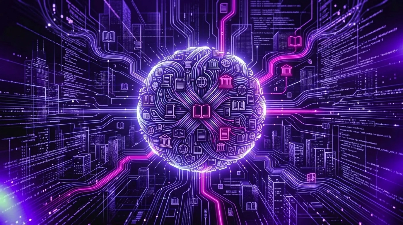 A central glowing orb composed of data streams and library icons, representing a Digital Knowledge Hub.