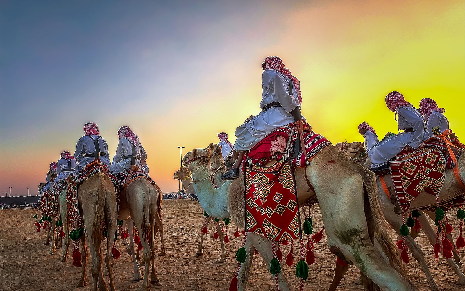 Cammelli con cavalieri in abiti tradizionali al tramonto, safari nel deserto di Dubai.