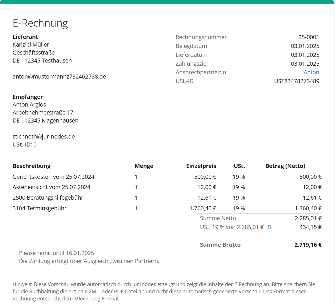 Ansicht der E-Rechnung in jur|nodes